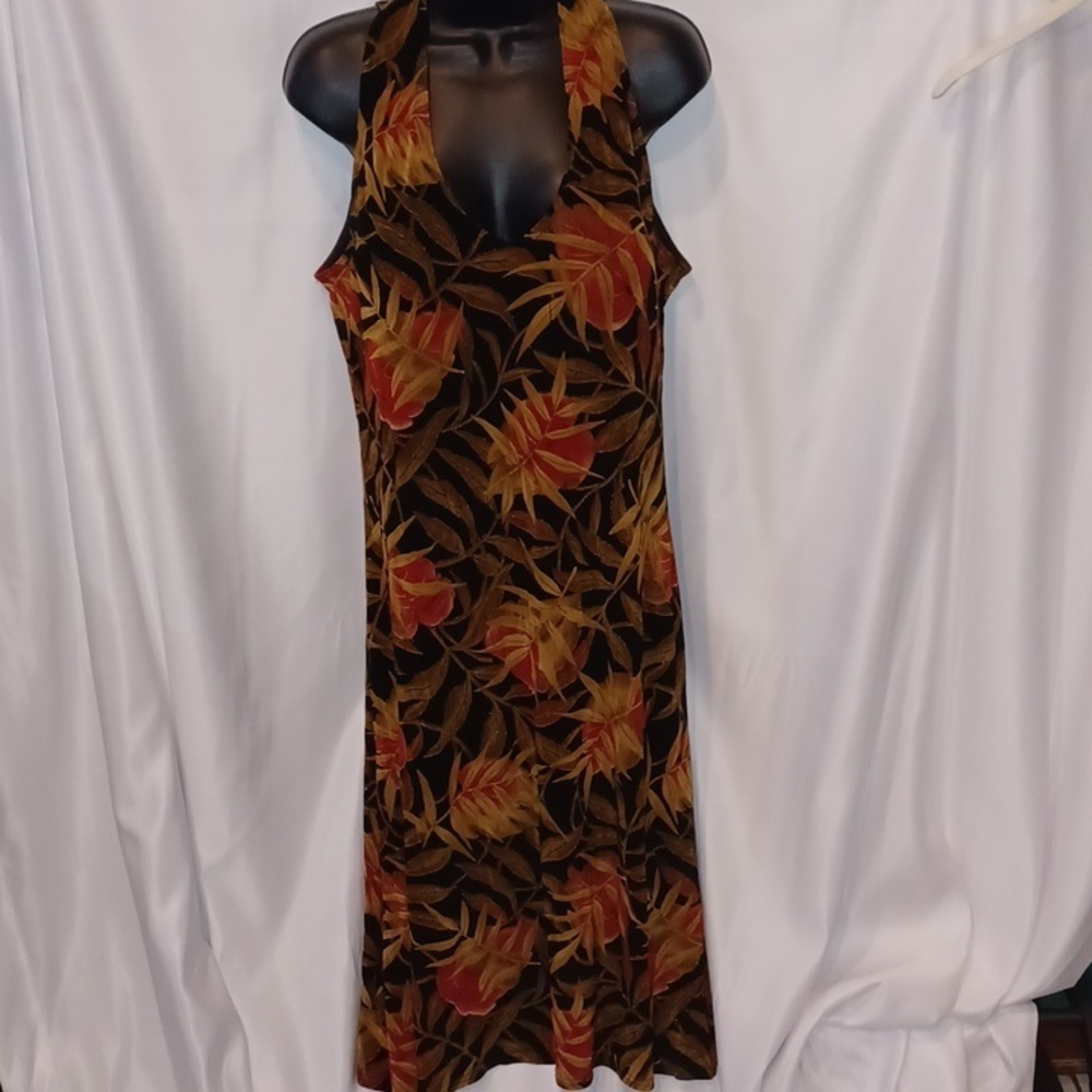 Vtg Jessica Howard Dress, Hawaiian, halter, clingy, stretchy gold accents, sz 14